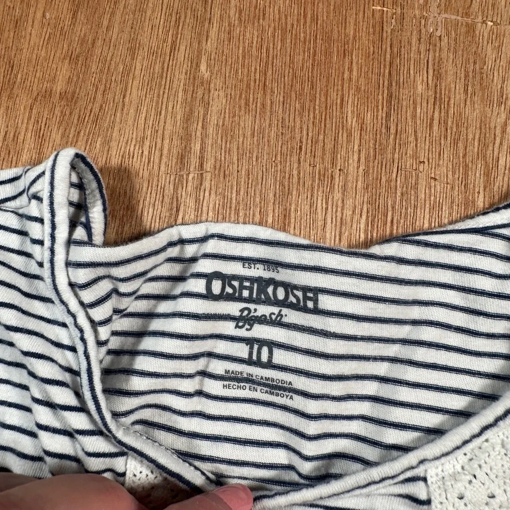 OshKosh B'gosh Peplum Top Kids Size 10 Navy White Stripe Lace Trim Short Sleeve